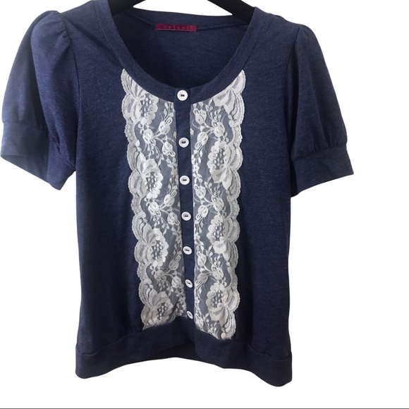 VELVET Brushed Blue Top Lace Button Front Small Puff Sleeves Cottage Core - Picture 4 of 6